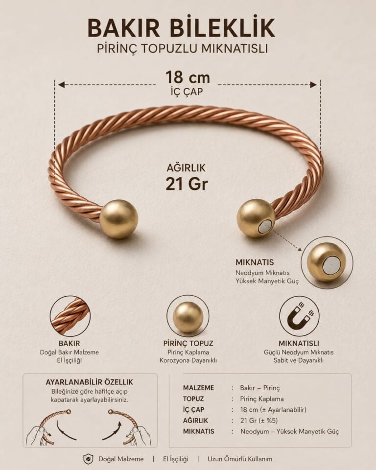 El Yapımı Saf Bakır Bileklik Mıknatıslı Pirinç Detaylı Unisex