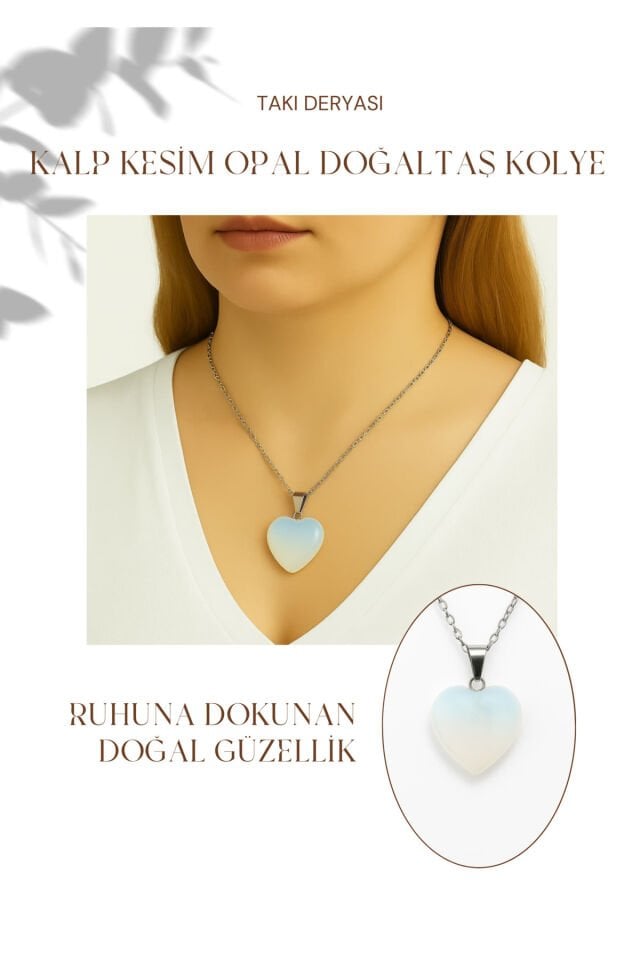 Kalp Kesim Opal Taşı Kolye Paslanmaz Zincirli Doğal Taş Hediye Kolye