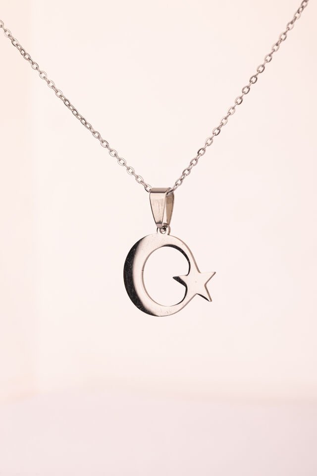 Gümüş Renk Ay Yıldız Çelik Kolye Kararmaz Paslanmaz Çelik Anlamlı ve Şık (Unisex)